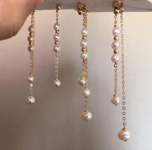 5-6mm 5 Pearl Long Tassel Stud Dangle Chandelier Freshwater Pearl Earrings White Lady/Girl Fashion Jewelry