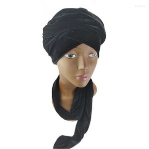 Beanie/Skull Caps Velvet Lace Up Headscarf Cap African Nigeria Solid Color Women Wrapped Turban Long Streamers Hat Ethnic Style Bonnet Davi2