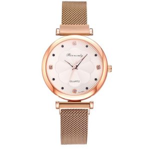 Kvinnor Crystal Dot Watch Luxury Magnetic Buckle Mesh Band Quartz Wristwatch Female Rose Gold Diamond Flower Design Watches