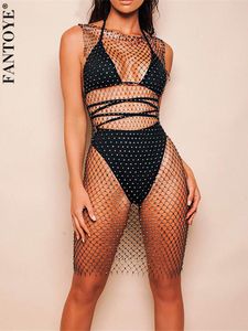 Sexig Crystal Diamond Dress Women Hollow Out Rhinestone Bodycon Summer Fishnet Mesh Beach Wear Party Vestidos