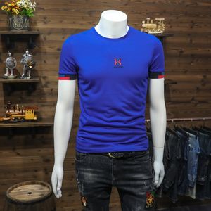 Mercerized Cotton Men's T-shirts 2022 Summer New Trend Brand Logo Brodery Design Kort ärm manschetter Stitching Slim Round Neck Tees Blue Red Black Clothing Top M-4XL