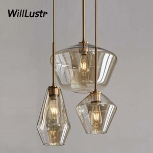 Modern Glass Pendant Lamp Clear Champagne Color Suspension Light Hotel Cafe Bar Dinning Bedroom Creative Metal Hanging Lighting