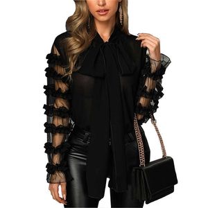 Camicia velata patchwork nera da donna elegante moda Top femminile camicetta casual a maniche lunghe in maglia trasparente 210716