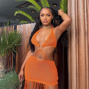 Summer Boho Beach Sexy Two Pieces Set Womens stickade ärmlösa grödor Tasselkjolar Backless Suits Party Outfits 220527