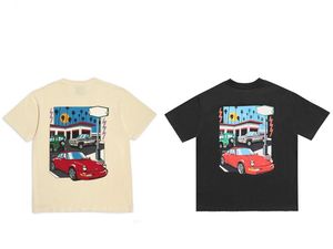 22ss Men's T-Shirts Unisex Drive Thru Car Tee t shirt distressed Vintage Skateboard Men Women High Street Casual Plus Size Tshirt Apricot New Colors