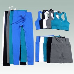 2pcs yoga uppsättning för kvinnor Kortärmad Hög midja Legging Lång med dragkedja Fitness Running Tights Workout Kläder Gym Kassar 220330