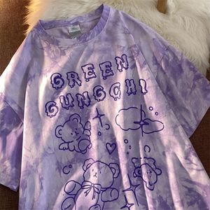 Bomull söt björn Tshirt Streetwear Sommar Stora T-shirt Kvinnor Harajuku Korta Ärmar Toppar Tee Hip Hop Tie Dyed Funny 220321