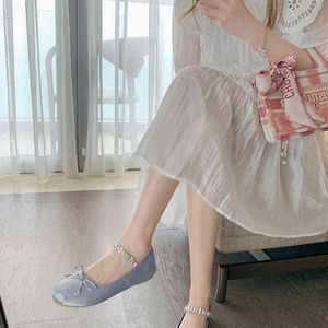 2022 Fairy Wind Diamond With French Sheepskin Bow Single Shoes Round Head Ballet Mary Jane Shoes G220519