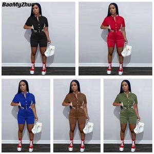Casual Baseball Jacket Two Piece Set Summer Women Tracksuit Short Sleeve Shirt Top Slim Suit Shorts Outfits Streetwear 220613