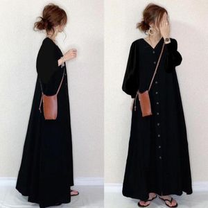 Casual Kleider 2022 Frühling Japanische Einfache Feste Farbe V-ausschnitt Langarm Kleid Hohe Taille Dünne Lose Frauen A-linie Flut