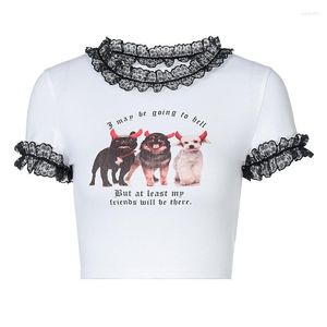 Women's T-Shirt Women Lace Trim Dog Print Y2K Crop Top Stylish Short Sleeve Tops Shopping Daily Wear Kawaii E-Girl Clothing Summer