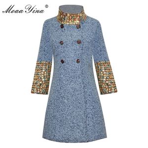 MoaaYina Fashion Designer Wool Woolen coat Winter Women Long sleeve Stand collar Diamond Elegant Keep warm Woolen coat Overcoat 201215