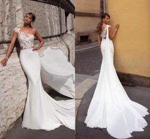 Eine Schulter Meerjungfrau Brautkleider mit Wrap Illusion Spitze Top Sexy Strand Brautkleider Vestido De Novia Böhmische Sommer Bräute Ehe Roben Einfacher Satin AL9235