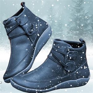 Women PU Leather Ankle Boots Winter Snow Boots Autumn Flat Shoes Ladies Shoes Short Plush Cross Strap Vintage Punk Mujer Botas Y200114