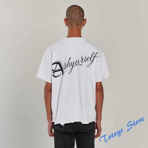 Saum abgenutztes Askyurself-T-Shirt für Männer und Frauen, lässig, O-Ausschnitt, schlichtes neues weißes Top, hochwertiges Druck-Buchstaben-All-Match-T-Shirt