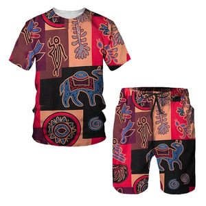 Masculino verão tracksuit africano totem estilo outfits 2 peça camiseta shorts conjunto vintage étnico esportes jogging terno casual roupas 220622