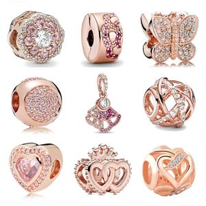 Nowy 925 Sterling Silver Pink Fan Butterfly Love Heart Rose Charm DIY Koraliki Fit Oryginalny Pandora Charms Bransoletka Tworzenia Biżuterii