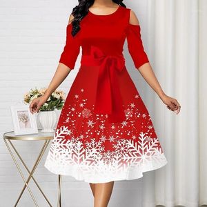 Party Dresses Christmas Dress Women Belted Snowflake Print Cold Shoulder O- Neck 2022 Plus Size Fashion Ladies Red Midi