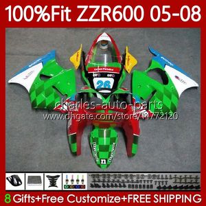 Injection Mold Bodys For KAWASAKI NINJA 600CC ZZR600 05 06 07 08 Bodywork 134No.55 100% Fit ZZR-600 Green red 600 CC 05-08 ZZR 600 2005 2006 2007 2008 OEM Fairings Kit