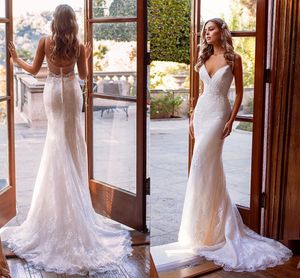 Abiti da sposa moderni bianchi Abiti da sposa da sposa senza maniche in pizzo a sirena con scollo a V e spalline aperte sul retro Vestidos De Noiva