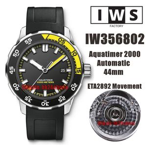 IWSF Tow Caffice Watches 44 -мм Aquatimer 2000 из нержавеющей стали Eta Cal.2892 Автоматические мужские часы 356802 черные циферблаты резиновые ремни.