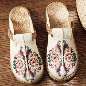 Woman Shoes Flats Embroidered Weave Canvas Antiquity Women's Slippers Casual Mixed Colors Cover Toe Female Footwear 2021 New 220711