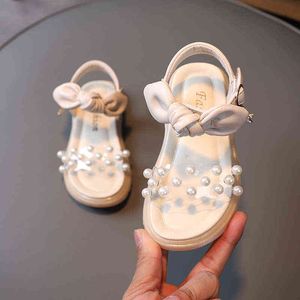 Größe 3-12 Kinder Sommer Strand Sandalen für Mädchen Mode Bowtie Kinder PrincessTransparent Perle Flache Kleine Mädchen Schuhe Sandalen G220523