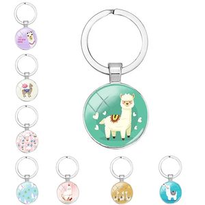 Fashion Animal Lama Alpaca Art Picture Keychain Cute Casual Sheep Glass Cabochon Key Ring Couple Gift