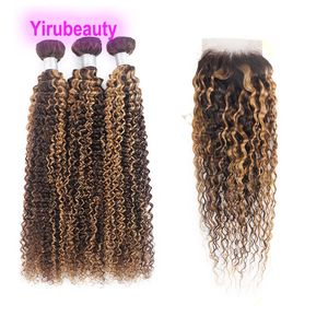 Extensões de cabelo humano P4 / 27 Piano Color 3 pacotes com fechamento de renda 4X4 Kinky Curly 4/27 TwoTones Cor Brasileiro Peruano Indiano Malaio 10-30 polegadas