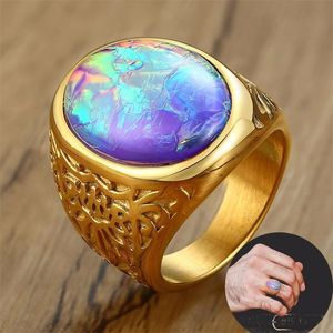 Cluster Rings Opal For Men Golden Stainless Steel Tiger's Eye Oval Stone Men's JewelleryCluster