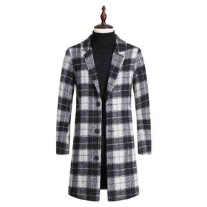 Men's Wool & Blends LUCLESAM Mid-Length Single Breasted Plaid Blend Top Coat T220810