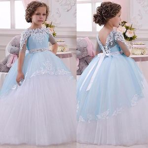 Mädchenkleider 2022 Hellblau Prinzessin Halbärmel Blumenmädchen Festzug Baby Partykleider für Geburtstag Hochzeitskleid Kleid