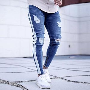 Skinny jeans erkek hip hop şerit elastik ince fit denim pantolon erkek esnek kalem dipleri diz yırtık delikler kot pantolon