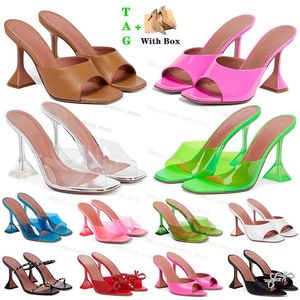 Amina muaddia womens transparent crystal sandals slipper fashion soft pvc high heels 7c 10c spool heel beach shoes ladies outdoor casual designer shoe with box