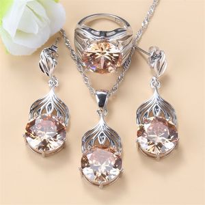 925 Mark Big Jewelry Set Round Champagne Cubic Zirconia Long Studörhängen och halsbandsuppsättningar för kvinnor Eleganta tillbehör 220726