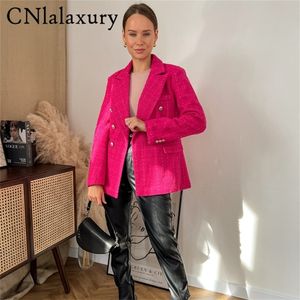 cnlalaxury女性カジュアルツイードブレザーヴィンテージオフィスレディ秋のジャケットコートダブル胸肉女性シックトップ220802