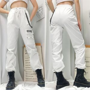 Rockmore Black Cargo Pants With Chain Pockets Women High Waist Trousers White Wide Leg Pants Femme Pant Winter Streetwear Fall 201113