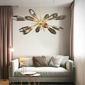 Postmodern kreativitet design glas ljuskrona lampa lyxig rökig grå hängande LED -lampor med guldmetalllampor fixtur för köksönsalong