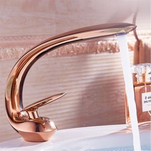 Rose Gold Basin kran nowoczesny mikser łazienkowy kran mosiężny basen kran z basenu pojedynczy uchwyt pojedynczy otwór dźwig do łazienki T200107