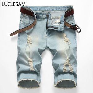 Męskie dżinsy męskie proste rozryte dżinsowe szorty Hip Hop Biker Blue Elastic 2022 Summer Mashing Designer Short Jean dla mężczyzn