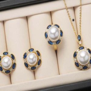 Ladies 12mm White South Sea Shell Pearl Pendant Necklace Ring Earrings Jewelry Set