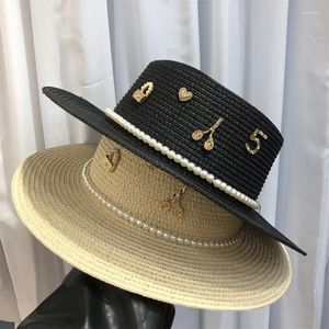 Wide Brim Hats Women's Rhinestone Pearl Straw Hat Summer Beach Sun Street Elegant Flat Bucket Fashion Panama Lady CapsWide Wend22