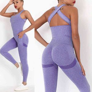 Terno de uma peça feminino de ioga Conjunto de treino sem costura Cruz Back Sports Sportsuit Sportswear Gym Suits with Pockets J220706