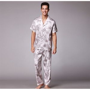 Homens de cetim para dormir com manga curta calças longas impressão de pijamas de seda masculino casual casa casual