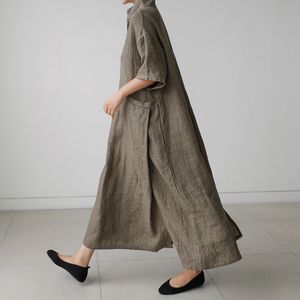 Johnature Frauen Vintage Baumwolle Leinen Kleider V-ausschnitt Einfarbig Roben Sommer Kurzarm Taschen Weibliche Lose Kleider 210303