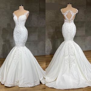 Vestidos elegantes de casamento para a noiva 2022 Mermaid vestidos de noiva de cetim Botões de apliques de cetim de volta