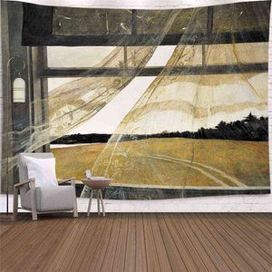 Tapestry stort landskap imitation f￶nster mattan v￤gg h￤ngande blomma strandv￥g