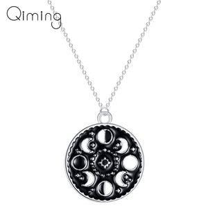 Lunar Cycle Moon Phase Pendant Necklace Round Galaxy Necklace For Women Men Jewelry Stainless Steel Black Necklace