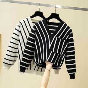 JXMYY Simple and fashionable V-neck slimming sweater autumn and winter long-sleeved striped all-match blouse women 210412