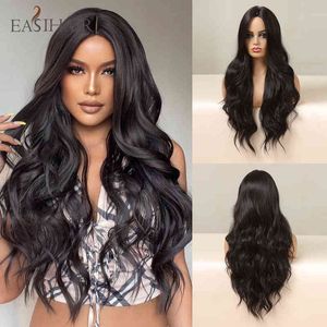 Easihair Black Wigs Длинной тела волнистая синтетическая средняя часть для женщин ежедневно косплей натуральный теплостой устойчивый к волосам 220525